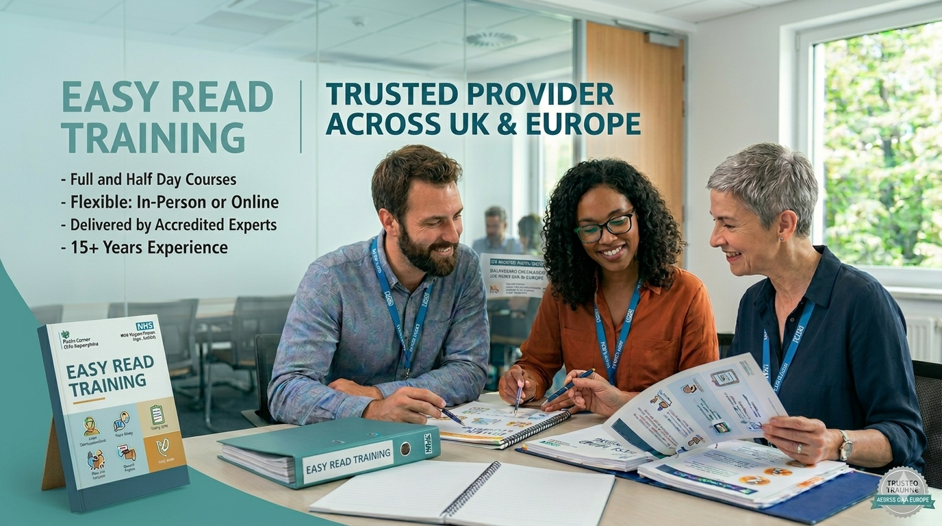 Easy Read Training banner featuring NHS and public sector professionals collaborating on documents. Text highlights: Trusted Provider Across UK & Europe, Full and Half Day Courses, Flexible In-Person or Online, Delivered by Accredited Experts, 15+ Years Experience.